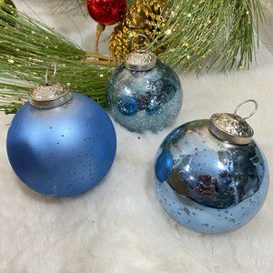 Set of 9 Kugel Style blue Mercury Glass Christmas Ornaments Crackled Matte